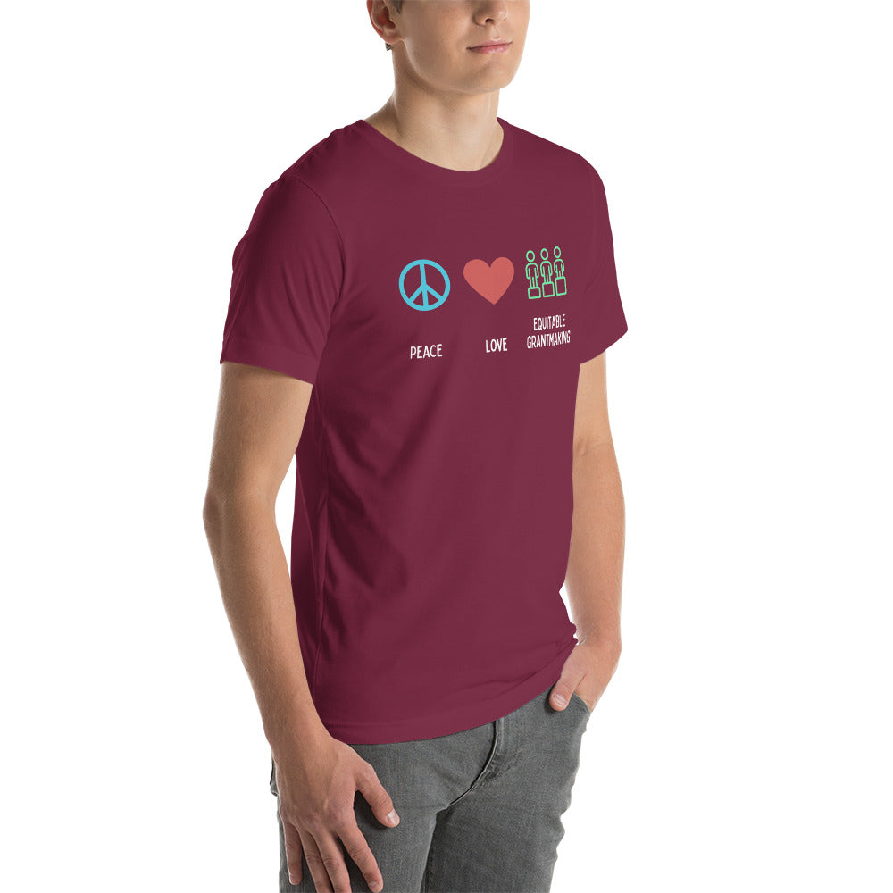 Peace, Love & Equitable Grantmaking - Dark Unisex t-shirt-recalciGrant
